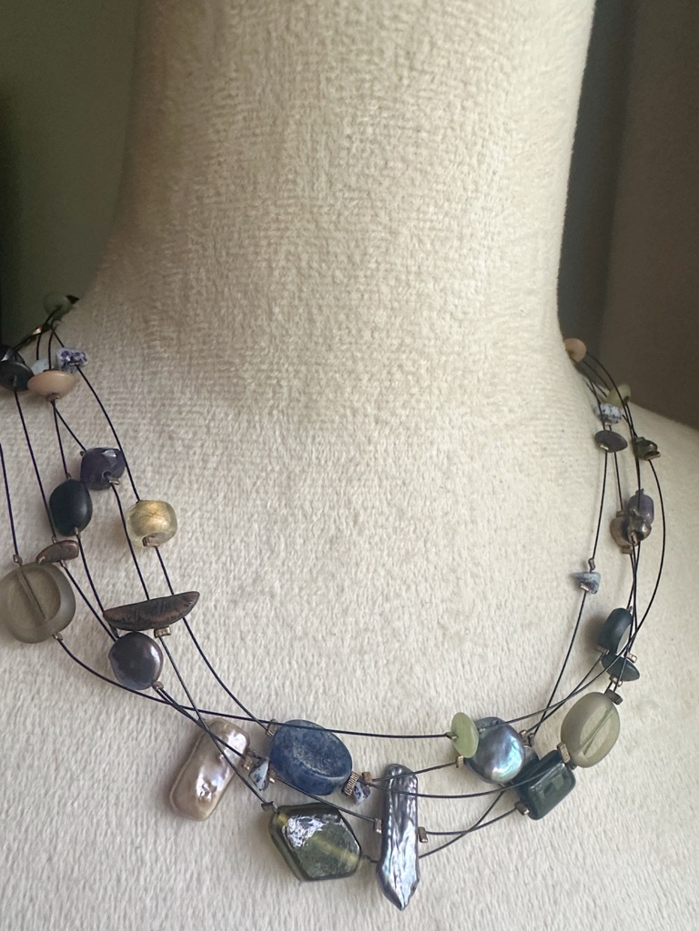 Chico’s Freshwater Pearl, Stone and Glass Multi-Strand Invisiwire Bead Necklace